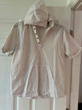 Striped Hooded Short-Sleeve Knit Top - Cream with Brown Stripes